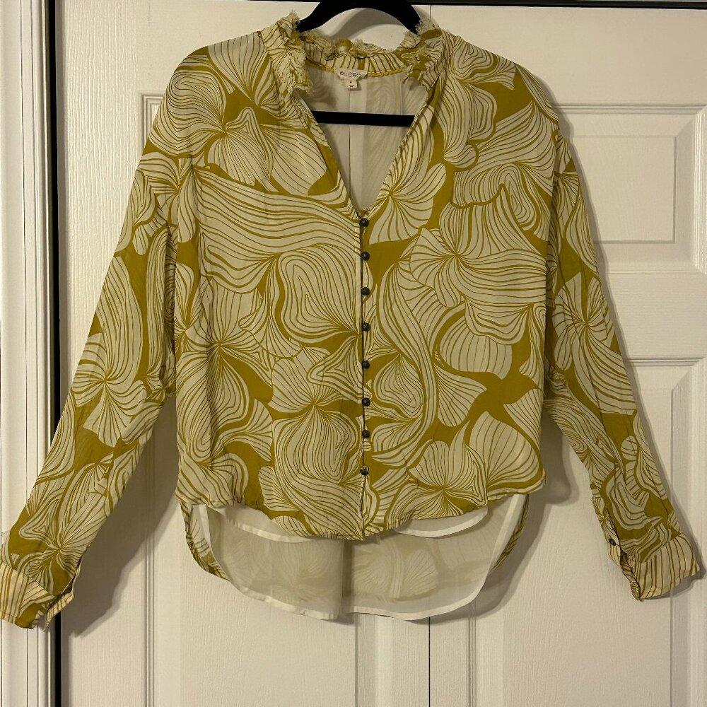 Pilcro Mustard Yellow and Cream Floral-Print Button-Front Blouse